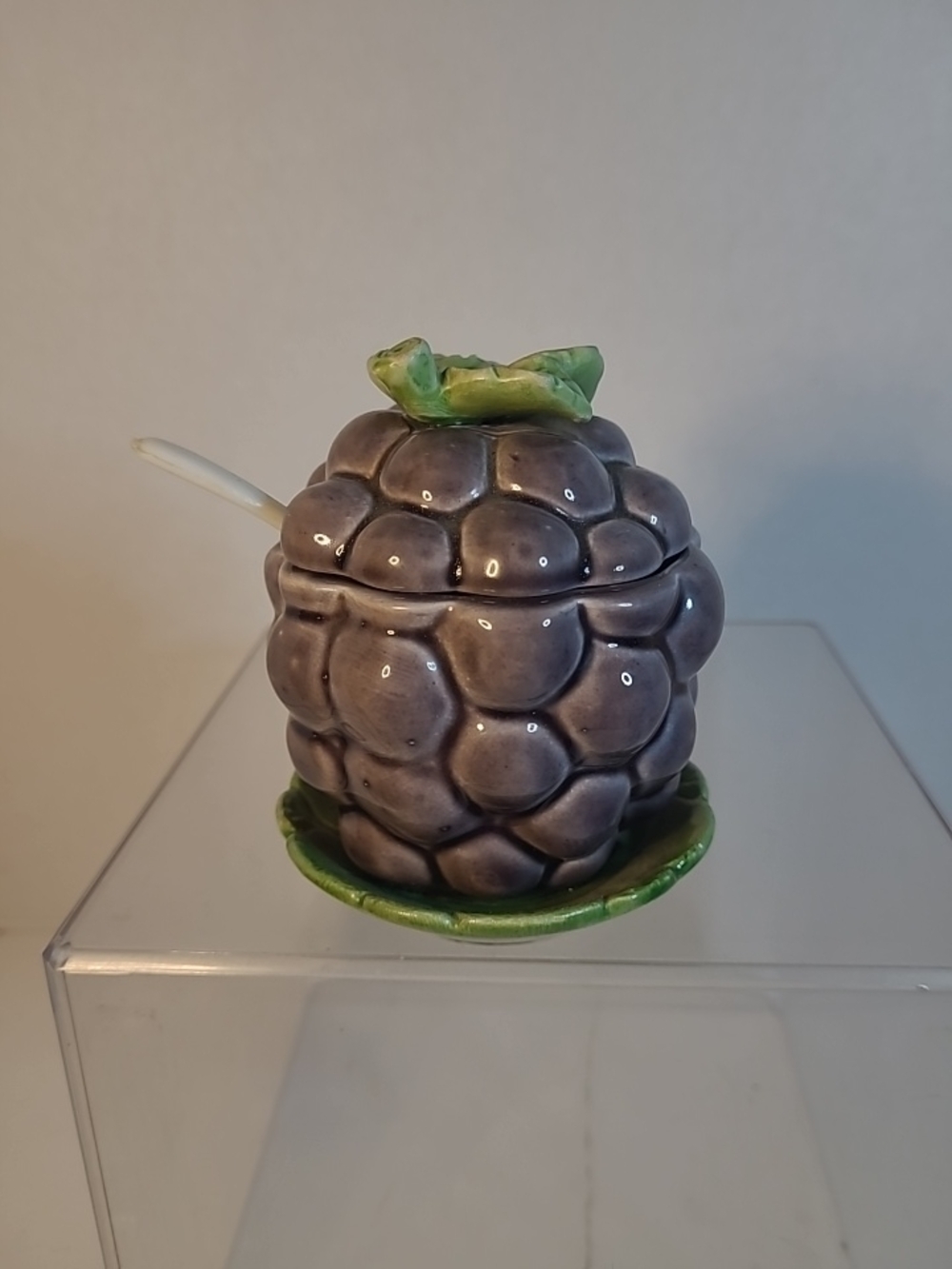Vintage Grape Cluster Ceramic Jam Jar Purple/Green with Spoon Japan (O)
